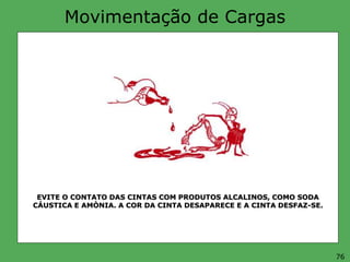 Movimentação de Cargas
EVITE O CONTATO DAS CINTAS COM PRODUTOS ALCALINOS, COMO SODA
CÁUSTICA E AMÒNIA. A COR DA CINTA DESAPARECE E A CINTA DESFAZ-SE.
76
 