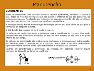 Manutenção
CORRENTES
Antes de inspecionar uma corrente, deve-se limpá-la totalmente, retirando a sujeira e
óleo. Todos os métodos de limpeza que não atacam o material do laço são aceitáveis. Os
métodos que causam fragilização por hidrogênio ou superaquecimento não são permitidos,
e também os métodos que removem ou danificam o metal base.
A ilustração abaixo mostra a distribuição de esforças em um elo, pode servir de guia para a
verificação de desgaste e danos.
A distribuição dos esforços no elo é muito favorável.
Os esforços de tração são muito importantes para a resistência da corrente. Eles estão
concentrados nas áreas mais protegidas do elo: na parte externa do elo curto e na parte
interna do lado longo.
Os esforços de compressão são relativamente inofensivos e distribuídos em outra posição,
por exemplo, onde o desgaste de elo é máximo. Neste lugar o elo pode desgastar-se
significativamente sem um efeito significativo sobre a resistência da corrente.
Levando em consideração a distribuição de esforços, nós podemos observar alguns
exemplos de desgaste ou danos na seqüência.
82
 