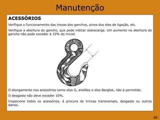 Manutenção
ACESSÓRIOS
Verifique o funcionamento das travas dos ganchos, pinos dos elos de ligação, etc.
Verifique a abertura do gancho, que pode indicar sobrecarga. Um aumento na abertura do
gancho não pode exceder à 10% do inicial.
O alongamento nos acessórios como elos G, anelões e elos Berglok, não é permitido.
O desgaste não deve exceder 10%.
Inspecione todos os acessórios, à procura de trincas transversais, desgaste ou outros
danos.
89
 
