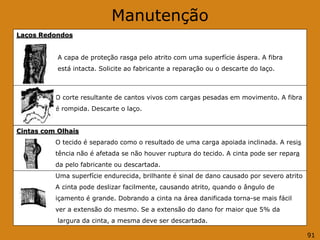 Manutenção
Laços Redondos
A capa de proteção rasga pelo atrito com uma superfície áspera. A fibra
está intacta. Solicite ao fabricante a reparação ou o descarte do laço.
O corte resultante de cantos vivos com cargas pesadas em movimento. A fibra
é rompida. Descarte o laço.
Cintas com Olhais
O tecido é separado como o resultado de uma carga apoiada inclinada. A resis
tência não é afetada se não houver ruptura do tecido. A cinta pode ser repara
da pelo fabricante ou descartada.
Uma superfície endurecida, brilhante é sinal de dano causado por severo atrito
A cinta pode deslizar facilmente, causando atrito, quando o ângulo de
içamento é grande. Dobrando a cinta na área danificada torna-se mais fácil
ver a extensão do mesmo. Se a extensão do dano for maior que 5% da
largura da cinta, a mesma deve ser descartada.
91
 