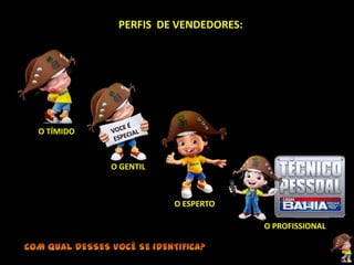 PERFIS DE VENDEDORES:




O TÍMIDO


           O GENTIL



                      O ESPERTO

                                    O PROFISSIONAL
 