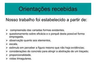 Orientações recebidas Nosso trabalho foi estabelecido a partir de: compreensão das variadas formas existentes, questionamento sobre eficácia e o porquê desta possível forma empregada, observação quanto aos elementos, escala,  estimulo em perceber a figura mesmo que não haja evidências; considerações do concreto para atingir a abstração de um traçado; proporcionalidade,  vistas trinagulares. 