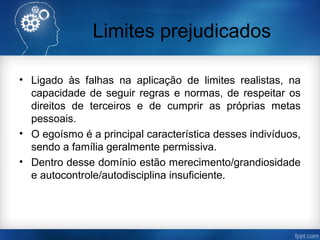 Limites prejudicados
• Ligado às falhas na aplicação de limites realistas, na
capacidade de seguir regras e normas, de respeitar os
direitos de terceiros e de cumprir as próprias metas
pessoais.
• O egoísmo é a principal característica desses indivíduos,
sendo a família geralmente permissiva.
• Dentro desse domínio estão merecimento/grandiosidade
e autocontrole/autodisciplina insuficiente.
 