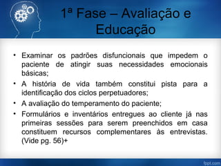 1ª Fase – Avaliação e
Educação
• Examinar os padrões disfuncionais que impedem o
paciente de atingir suas necessidades emocionais
básicas;
• A história de vida também constitui pista para a
identificação dos ciclos perpetuadores;
• A avaliação do temperamento do paciente;
• Formulários e inventários entregues ao cliente já nas
primeiras sessões para serem preenchidos em casa
constituem recursos complementares às entrevistas.
(Vide pg. 56)+
 