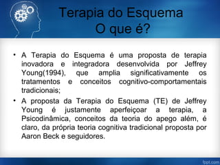 Terapia do Esquema
O que é?
• A Terapia do Esquema é uma proposta de terapia
inovadora e integradora desenvolvida por Jeffrey
Young(1994), que amplia significativamente os
tratamentos e conceitos cognitivo-comportamentais
tradicionais;
• A proposta da Terapia do Esquema (TE) de Jeffrey
Young é justamente aperfeiçoar a terapia, a
Psicodinâmica, conceitos da teoria do apego além, é
claro, da própria teoria cognitiva tradicional proposta por
Aaron Beck e seguidores.
 