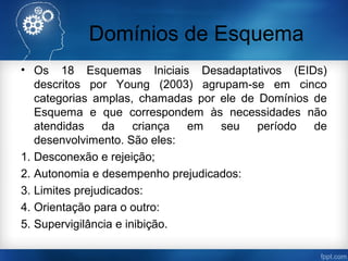 Domínios de Esquema
• Os 18 Esquemas Iniciais Desadaptativos (EIDs)
descritos por Young (2003) agrupam-se em cinco
categorias amplas, chamadas por ele de Domínios de
Esquema e que correspondem às necessidades não
atendidas da criança em seu período de
desenvolvimento. São eles:
1. Desconexão e rejeição;
2. Autonomia e desempenho prejudicados:
3. Limites prejudicados:
4. Orientação para o outro:
5. Supervigilância e inibição.
 