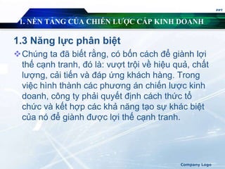 1. NỀN TẢNG CỦA CHIẾN LƯỢC CẤP KINH DOANH
1.3 Năng lực phân biệt
Chúng ta đã biết rằng, có bốn cách để giành lợi
thế cạnh tranh, đó là: vượt trội về hiệu quả, chất
lượng, cải tiến và đáp ứng khách hàng. Trong
việc hình thành các phương án chiến lược kinh
doanh, công ty phải quyết định cách thức tổ
chức và kết hợp các khả năng tạo sự khác biệt
của nó để giành được lợi thế cạnh tranh.
PPT
Company Logo
 