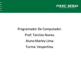 Programador De Computador. 
Prof: Tarcisio Nunes. 
Aluno:Marley Lima. 
Turma: Vespertina. 
 