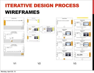 ITERATIVE DESIGN PROCESS
WIREFRAMES
V1 V2 V3
V
Monday, April 29, 13
 