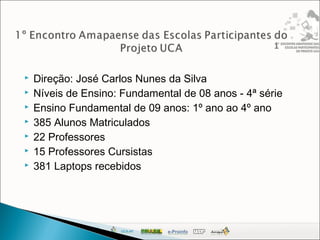  Direção: José Carlos Nunes da Silva
 Níveis de Ensino: Fundamental de 08 anos - 4ª série
 Ensino Fundamental de 09 anos: 1º ano ao 4º ano
 385 Alunos Matriculados
 22 Professores
 15 Professores Cursistas
 381 Laptops recebidos
 