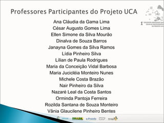 Ana Cláudia da Gama Lima
César Augusto Gomes Lima
Ellen Simone da Silva Mourão
Dinalva de Souza Barros
Janayna Gomes da Silva Ramos
Lídia Pinheiro Silva
Lílian de Paula Rodrigues
Maria da Conceição Vidal Barbosa
Maria Jucicléia Monteiro Nunes
Michele Costa Brazão
Nair Pinheiro da Silva
Nazaré Leal da Costa Santos
Orminda Pantoja Ferreira
Rozilda Santana de Souza Monteiro
Vânia Glaucilene Pinheiro Bentes
 