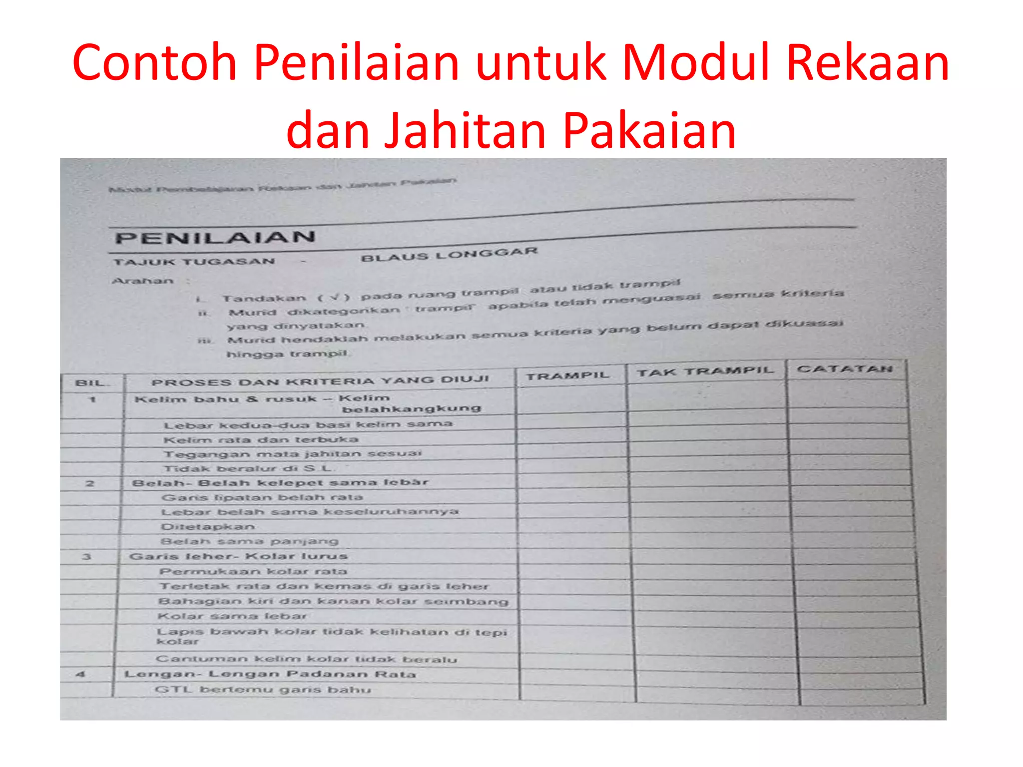 Contoh Penilaian untuk Modul Rekaan 
dan Jahitan Pakaian 
 