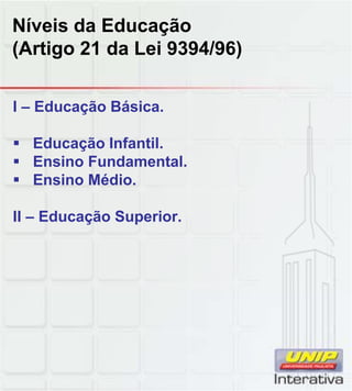 Níveis da Educação
(Artigo 21 da Lei 9394/96)
I – Educação Básica.
Educação Infantil.
Ensino Fundamental.
Ensino Médio.
II – Educação Superior.
 