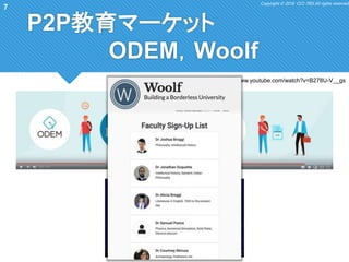Copyright © 2018 CCC-TIES All rights reserved.
7
P2P教育マーケット
ODEM，Woolf
https://www.youtube.com/watch?v=B278U-V__gs
 