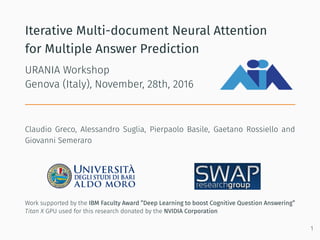 Iterative Multi-document Neural Attention
for Multiple Answer Prediction
URANIA Workshop
Genova (Italy), November, 28th, 2016
Claudio Greco, Alessandro Suglia, Pierpaolo Basile, Gaetano Rossiello and
Giovanni Semeraro
Work supported by the IBM Faculty Award ”Deep Learning to boost Cognitive Question Answering”
Titan X GPU used for this research donated by the NVIDIA Corporation
1
 