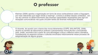 O professor
Kleiman (2006) aponta a organização em torno de eixos conteudísticos sobre a linguagem,
por mais relevantes que sejam tende a restringir o ensino à análise desses conteúdos , em
vez de culminar no desenvolvimento das diversas capacidades necessárias para agir em
situações comunicativas nas quais circulam textos de diversas instituições letradas.
O docente, de acordo com a teoria dos novos letramentos (COPE; KALANTZIS, 2006),
atuaria no sentido de desconstruir praticas e pensamentos monoculturais e excludentes
para, então, reconstruí-los a partir de uma abordagem crítica e reflexiva sobre a temática,
considerando os aspectos sociais e culturais envolvidos historicamente nesse processo de
estigmatização de alguns grupos.
 