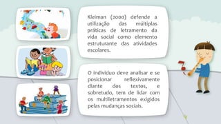 Kleiman (2000) defende a
utilização das múltiplas
práticas de letramento da
vida social como elemento
estruturante das atividades
escolares.
O individuo deve analisar e se
posicionar reflexivamente
diante dos textos, e
sobretudo, tem de lidar com
os multiletramentos exigidos
pelas mudanças sociais.
 