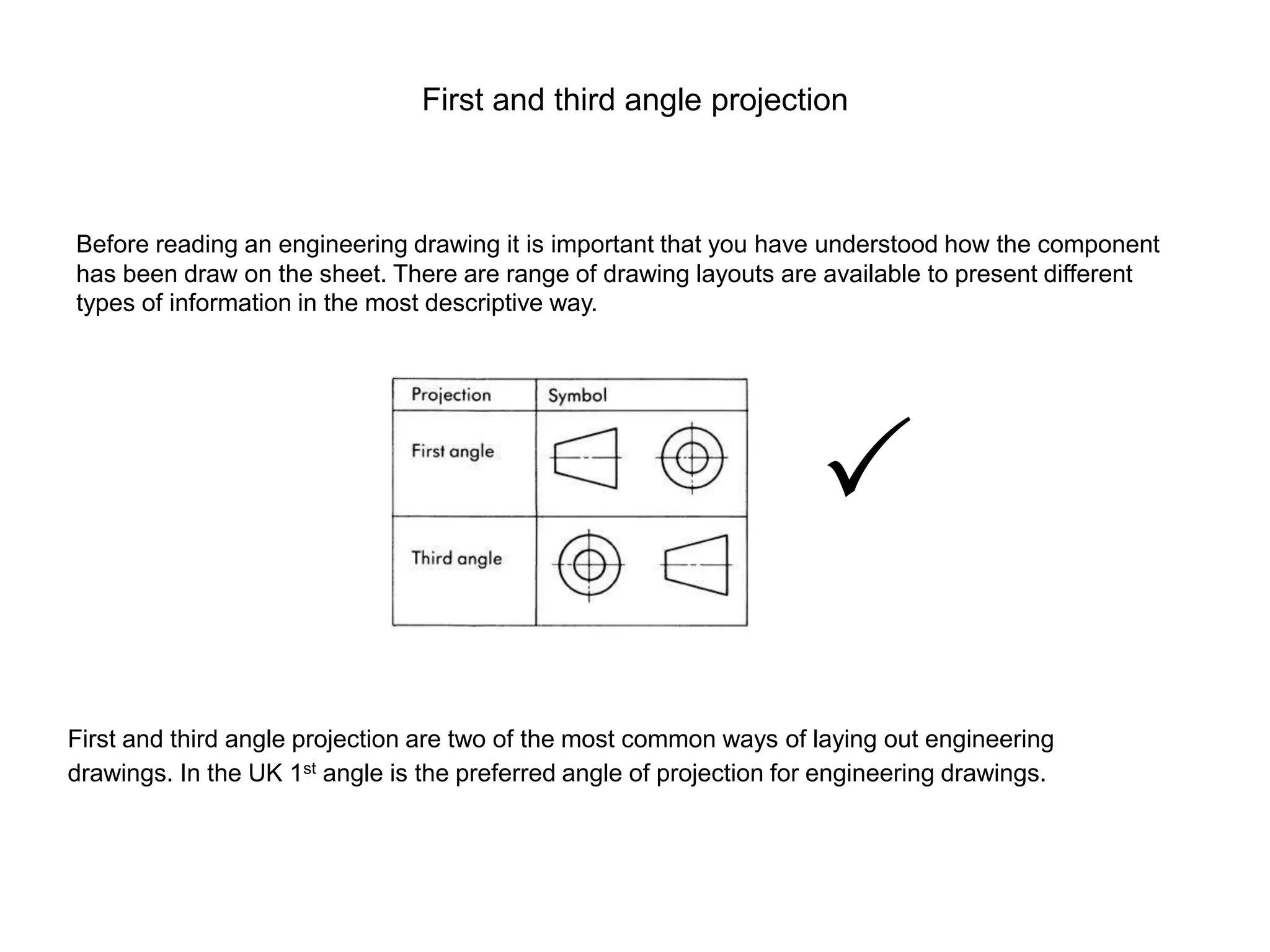 First and third angle projection
Before reading an engineering drawing it is important that you have understood how the component
has been draw on the sheet. There are range of drawing layouts are available to present different
types of information in the most descriptive way.

First and third angle projection are two of the most common ways of laying out engineering
drawings. In the UK 1st angle is the preferred angle of projection for engineering drawings.
 
