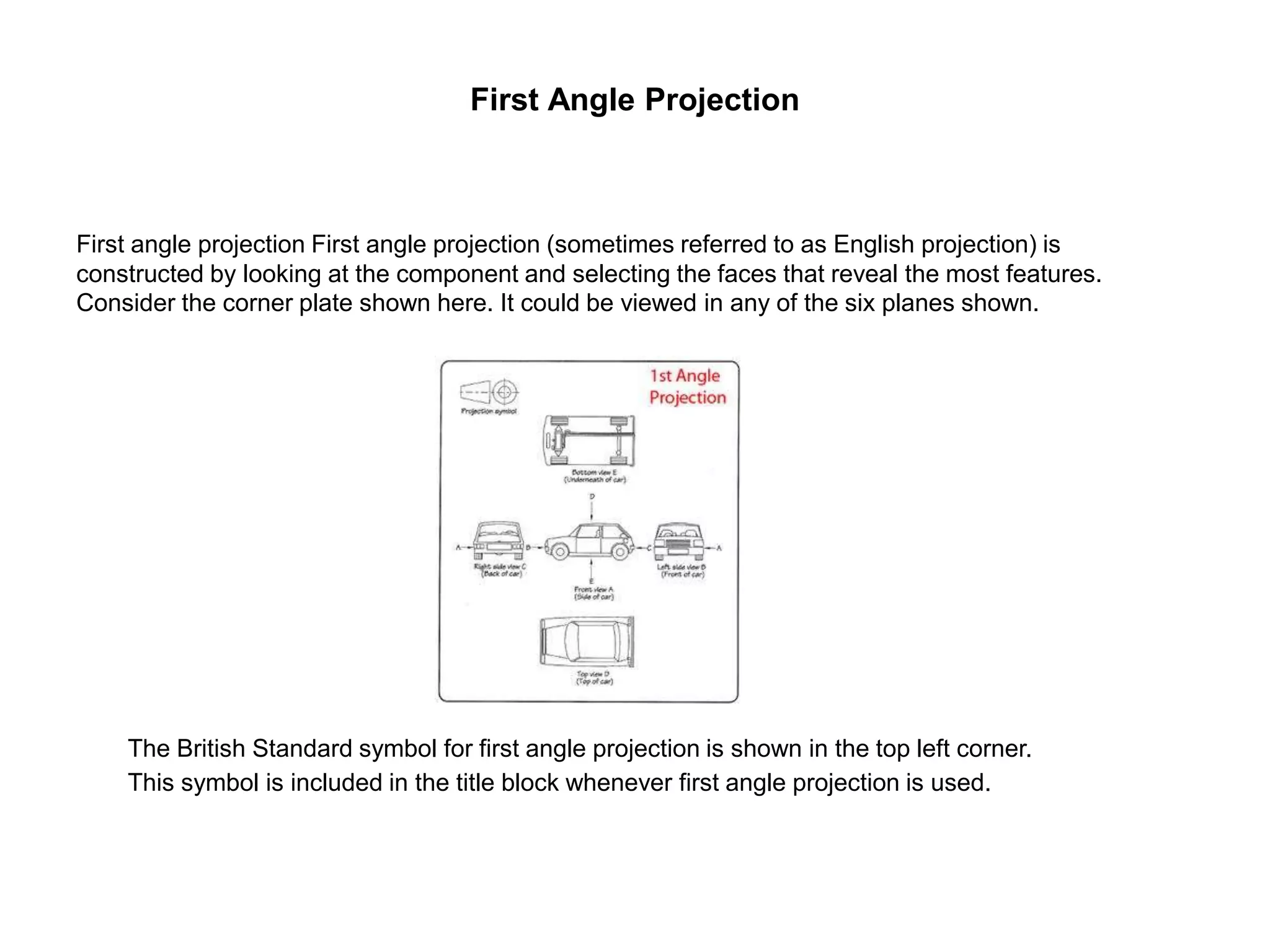 First Angle Projection
First angle projection First angle projection (sometimes referred to as English projection) is
constructed by looking at the component and selecting the faces that reveal the most features.
Consider the corner plate shown here. It could be viewed in any of the six planes shown.
The British Standard symbol for first angle projection is shown in the top left corner.
This symbol is included in the title block whenever first angle projection is used.
 