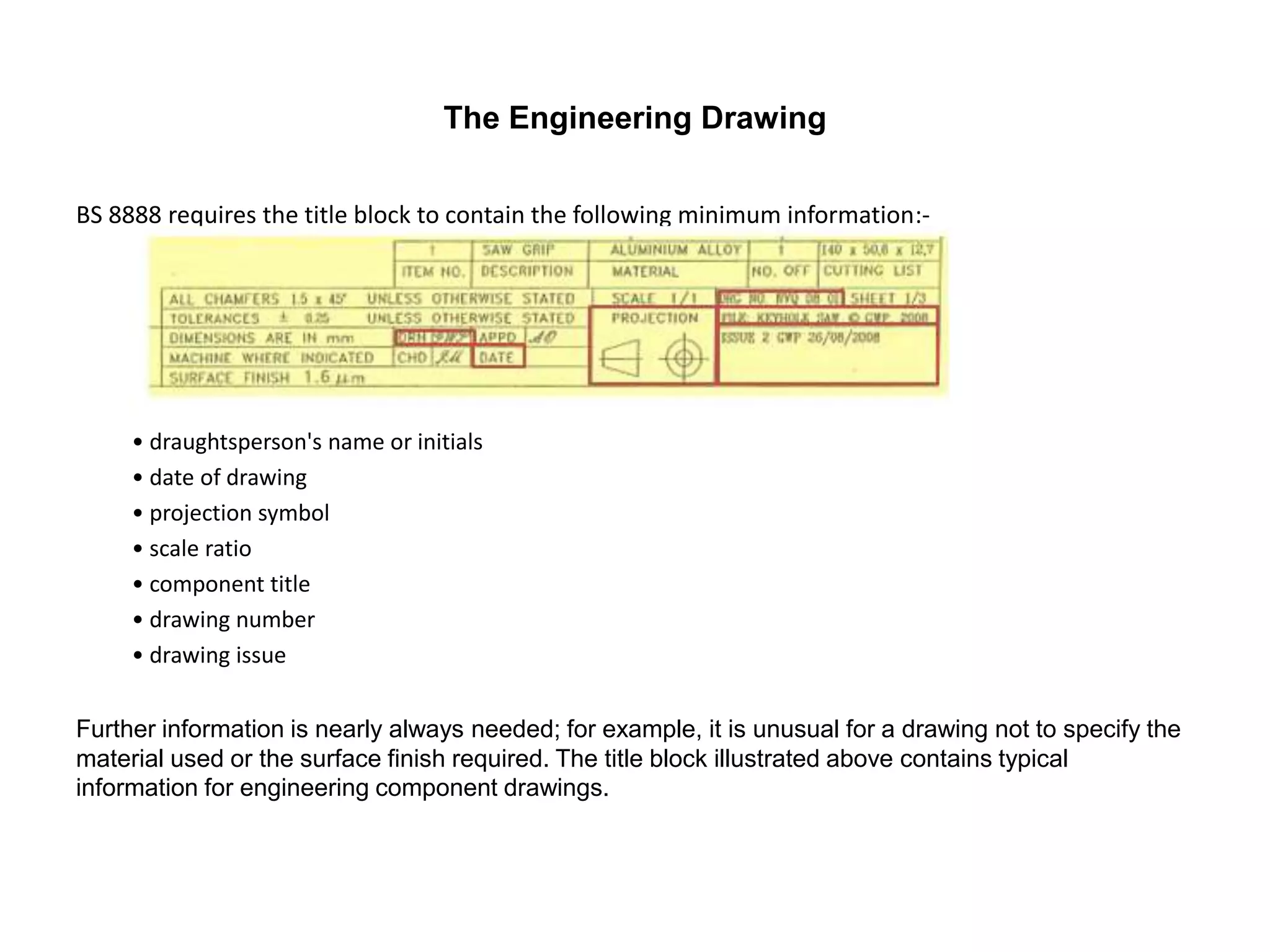 The Engineering Drawing
BS 8888 requires the title block to contain the following minimum information:-
• draughtsperson's name or initials
• date of drawing
• projection symbol
• scale ratio
• component title
• drawing number
• drawing issue
Further information is nearly always needed; for example, it is unusual for a drawing not to specify the
material used or the surface finish required. The title block illustrated above contains typical
information for engineering component drawings.
 