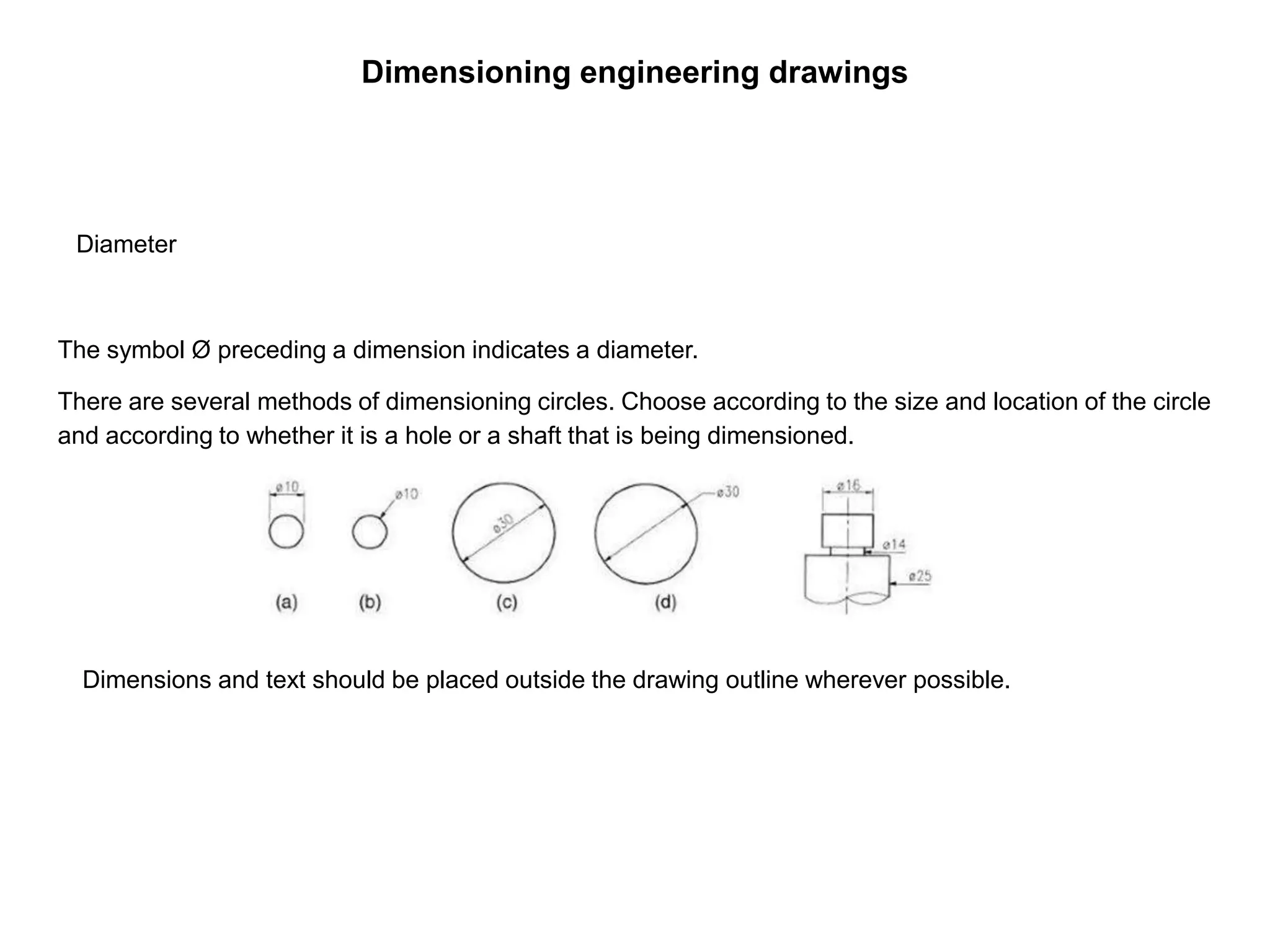 Dimensioning engineering drawings
Diameter
The symbol Ø preceding a dimension indicates a diameter.
There are several methods of dimensioning circles. Choose according to the size and location of the circle
and according to whether it is a hole or a shaft that is being dimensioned.
Dimensions and text should be placed outside the drawing outline wherever possible.
 
