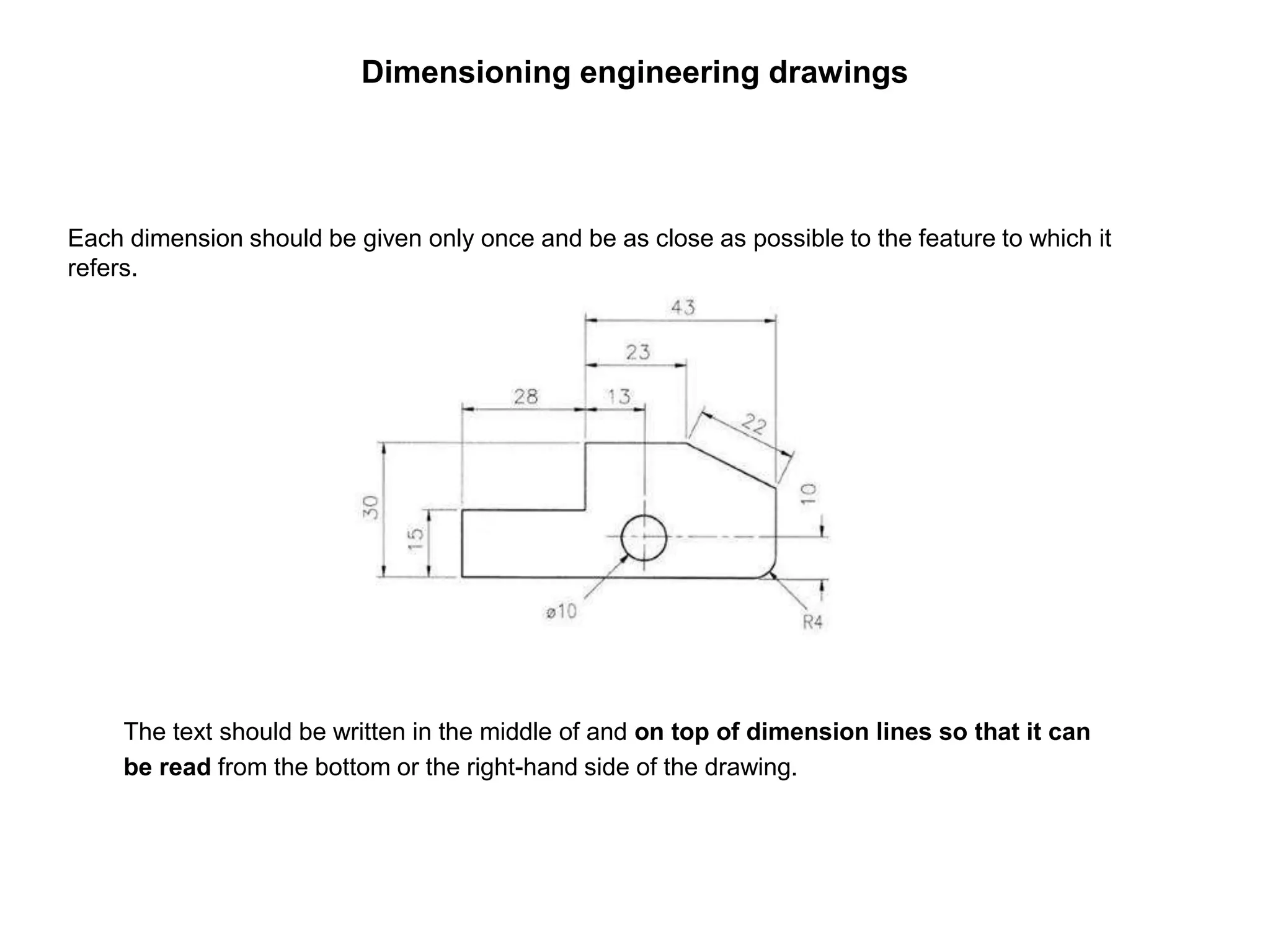 Dimensioning engineering drawings
Each dimension should be given only once and be as close as possible to the feature to which it
refers.
The text should be written in the middle of and on top of dimension lines so that it can
be read from the bottom or the right-hand side of the drawing.
 
