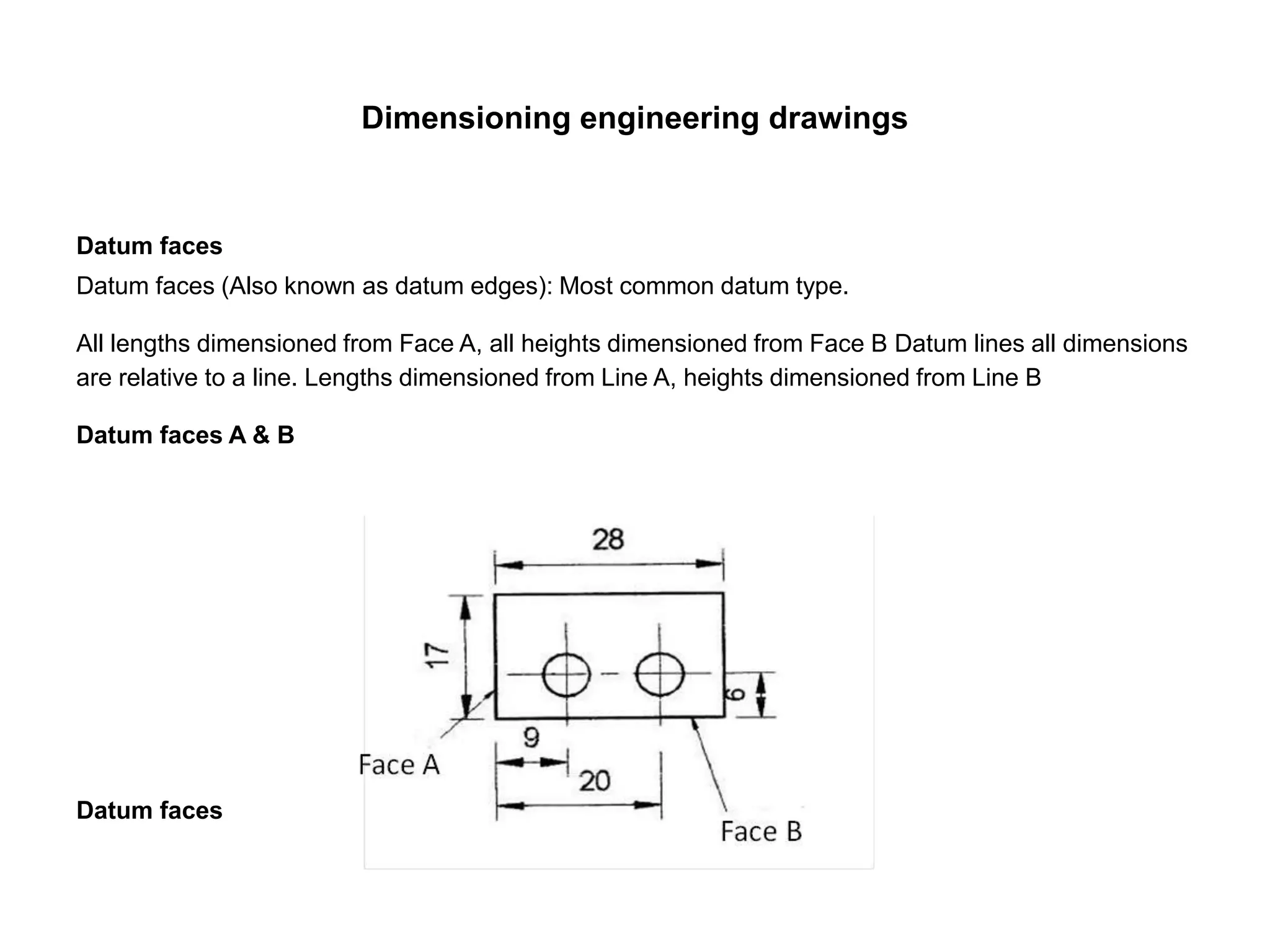 Dimensioning engineering drawings
Datum faces
Datum faces (Also known as datum edges): Most common datum type.
All lengths dimensioned from Face A, all heights dimensioned from Face B Datum lines all dimensions
are relative to a line. Lengths dimensioned from Line A, heights dimensioned from Line B
Datum faces A & B
Datum faces
 