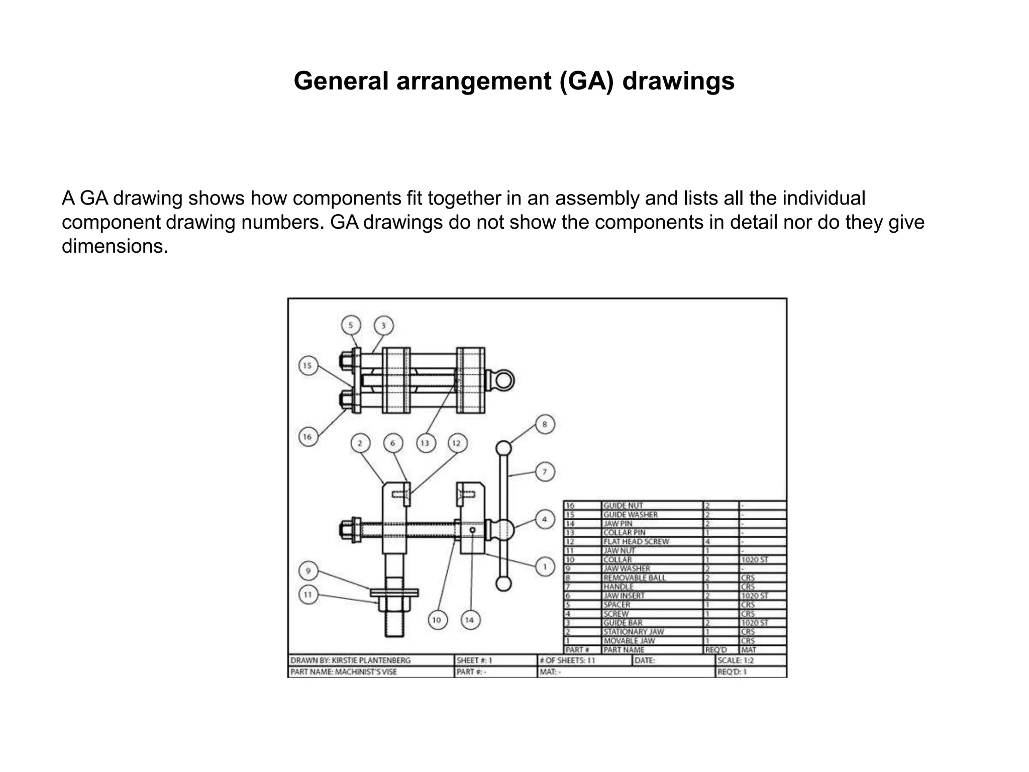 General arrangement (GA) drawings
A GA drawing shows how components fit together in an assembly and lists all the individual
component drawing numbers. GA drawings do not show the components in detail nor do they give
dimensions.
 
