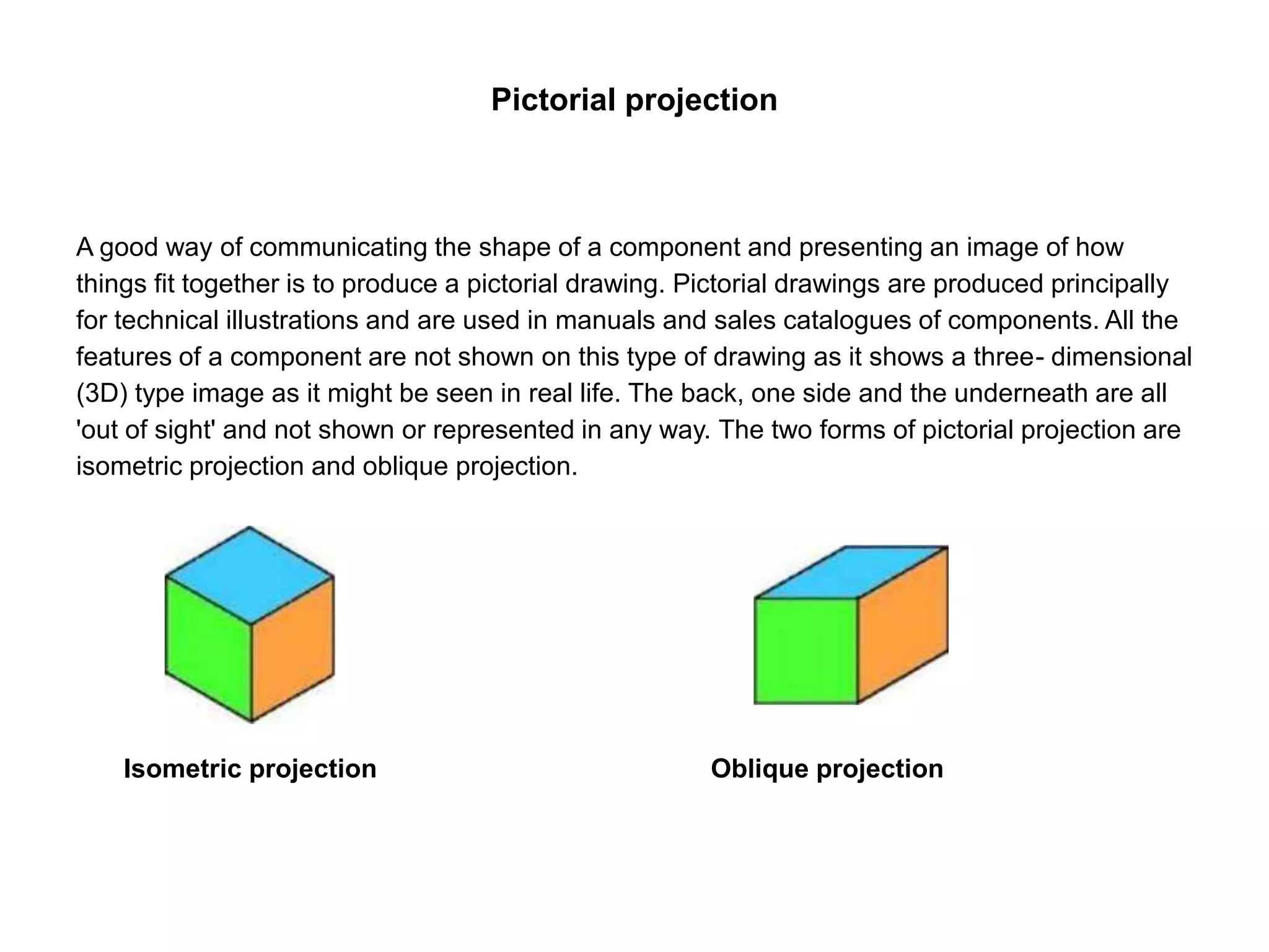 Pictorial projection
A good way of communicating the shape of a component and presenting an image of how
things fit together is to produce a pictorial drawing. Pictorial drawings are produced principally
for technical illustrations and are used in manuals and sales catalogues of components. All the
features of a component are not shown on this type of drawing as it shows a three- dimensional
(3D) type image as it might be seen in real life. The back, one side and the underneath are all
'out of sight' and not shown or represented in any way. The two forms of pictorial projection are
isometric projection and oblique projection.
Isometric projection Oblique projection
 