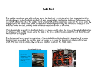 Auto feed
The saddle contains a gear which slides along the feed rod, containing a key that engages the drive
from the keyway in the feed rod (or shaft). It also contains two mechanical clutches, that engages the
feed shaft rotation to either the saddle hand wheel shaft, or the cross feed screw on the cross slide. By
engaging it to the hand wheel shaft, the saddle is fed along the bed by the pinion and fixed gear rack
attached under the bed, directly under the slide ways at the front of the lathe.
While the spindle is revolving, the feed shaft is revolving, and if either the cross or longitudinal clutches
are engaged, the saddle moves along the bed or the cross slide moves across the bed, depending on
which clutch is engaged.
The distance either moves (per revolution of the spindle) is set in the headstock gearbox. If reverse
direction feed is needed, the tumbler gears are used to reverse the direction of rotation of the feed
shaft. The feed rate is selected by using gear position levels on the head stock.
Acme Lead Screw Headstock Gearbox
Provides the
movement in three
axes as well as
the screw cutting
drive on
most lathes.
 
