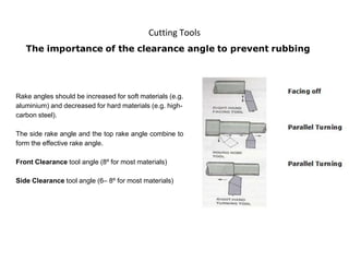 Cutting Tools
Rake angles should be increased for soft materials (e.g.
aluminium) and decreased for hard materials (e.g. high-
carbon steel).
The side rake angle and the top rake angle combine to
form the effective rake angle.
Front Clearance tool angle (8º for most materials)
Side Clearance tool angle (6– 8º for most materials)
 