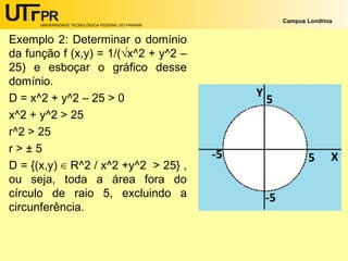 UNIVERSIDADE TECNOLÓGICA FEDERAL DO PARANÁ

Exemplo 2: Determinar o domínio
da função f (x,y) = 1/(√x^2 + y^2 –
25) e esboçar o gráfico desse
domínio.
D = x^2 + y^2 – 25 > 0
x^2 + y^2 > 25
r^2 > 25
r>±5
D = {(x,y) ∈ R^2 / x^2 +y^2 > 25} ,
ou seja, toda a área fora do
círculo de raio 5, excluindo a
circunferência.

Campus Londrina

 