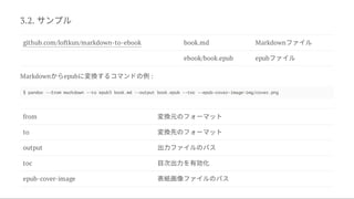 3.2. サンプル
github.com/loftkun/markdown-to-ebook book.md Markdownファイル
ebook/book.epub epubファイル
Markdownからepubに変換するコマンドの例:
$ pandoc --from markdown --to epub3 book.md --output book.epub --toc --epub-cover-image=img/cover.png
from 変換元のフォーマット
to 変換先のフォーマット
output 出力ファイルのパス
toc 目次出力を有効化
epub-cover-image 表紙画像ファイルのパス
 