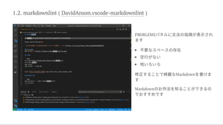 1.2. markdownlint ( DavidAnson.vscode-markdownlint )




PROBLEMSパネルに文法の指摘が表示され
ます
不要なスペースの存在
空行がない
他いろいろ
修正することで綺麗なMarkdownを書けま
す
Markdownのお作法を知ることができるの
でおすすめです
 