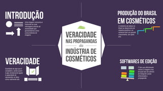 da
Uma imagem comunica e
transmite as suas
mensagens através da
necessidade que
apresentamos como
consumidores de
imagens.
A indústria da beleza no
Brasil se desenvolve de
maneira positiva e os
números tem um grande
crescimento, ano após
ano.
Qualidade de algo que é
verdadeiro, sendo assim
é algo diretamente ligado
à capacidade de
representar os fatos
como realmente são.
É fato que dificilmente
vemos a imagem crua,
tal qual saiu da câmera
do fotógrafo sendo
direcionada a
propaganda.
 