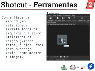 Shotcut - Ferramentas
Com a lista de
reprodução
selecionada,
arraste todos os
arquivos que serão
utilizados na
edição (vídeos,
fotos, áudios, etc)
para o espaço
vazio, como mostra
a imagem.
2
 