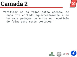 Camada 2
Verificar se as falas estão coesas, se
nada foi cortado equivocadamente e se
há mais pedaços de erros ou repetição
de falas para serem cortados
2
 
