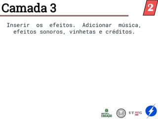 Camada 3
Inserir os efeitos. Adicionar música,
efeitos sonoros, vinhetas e créditos.
2
 