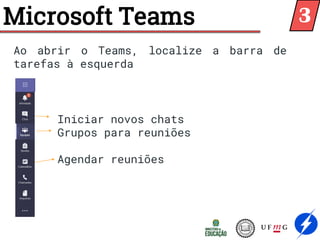 Microsoft Teams
Ao abrir o Teams, localize a barra de
tarefas à esquerda
Iniciar novos chats
Grupos para reuniões
Agendar reuniões
3
 
