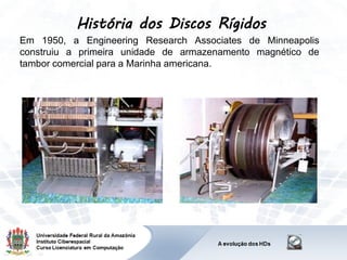 História dos Discos Rígidos
Em 1950, a Engineering Research Associates de Minneapolis
construiu a primeira unidade de armazenamento magnético de
tambor comercial para a Marinha americana.
 