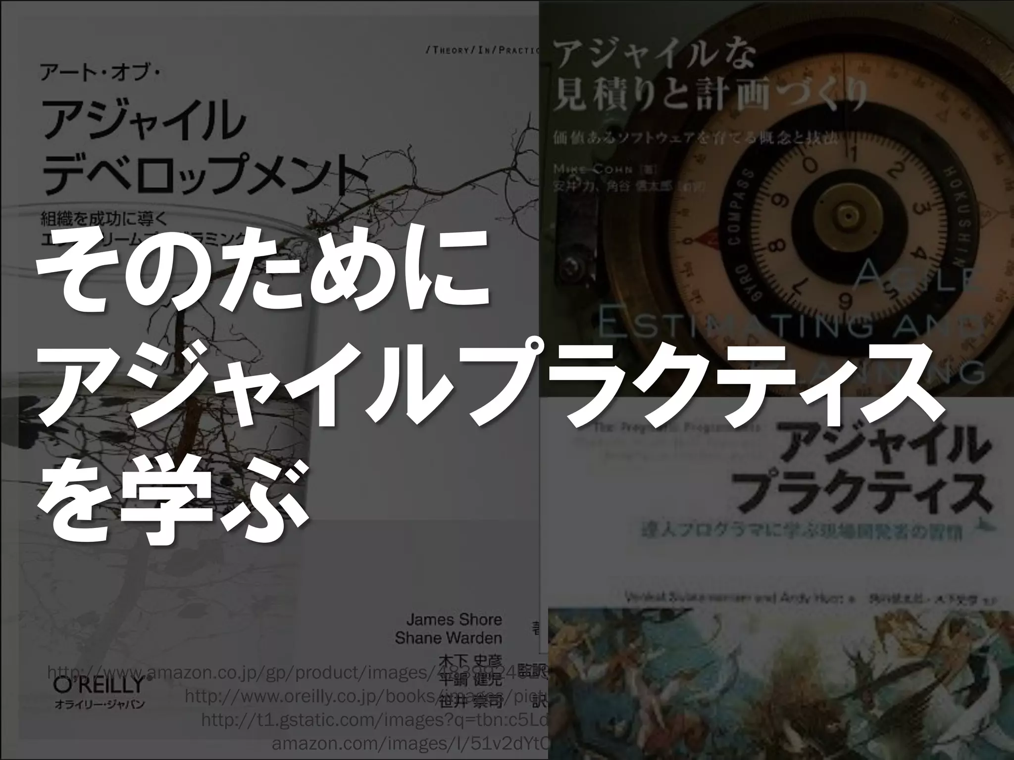 そのために
アジャイルプラクティス
を学ぶ
http://www.amazon.co.jp/gp/product/images/4839924023/ref=dp_image_0?ie=UTF8&n=465392&s=books
              http://www.oreilly.co.jp/books/images/picture_large978-4-87311-395-1.jpeg
                http://t1.gstatic.com/images?q=tbn:c5LdtHugzU8ZyM:http://ecx.images-
                         amazon.com/images/I/51v2dYtOWUL._SL500_.jpg&t=1
 