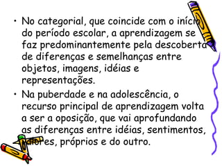 • No categorial, que coincide com o início
do período escolar, a aprendizagem se
faz predominantemente pela descoberta
de diferenças e semelhanças entre
objetos, imagens, idéias e
representações.
• Na puberdade e na adolescência, o
recurso principal de aprendizagem volta
a ser a oposição, que vai aprofundando
as diferenças entre idéias, sentimentos,
valores, próprios e do outro.
 