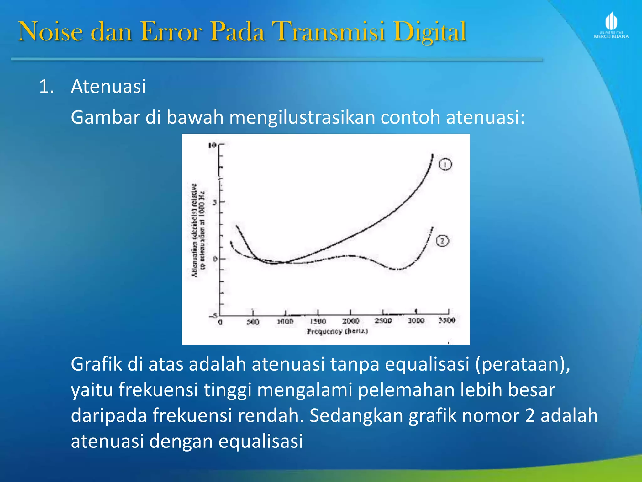 Noise dan Error Pada Transmisi Digital
1. Atenuasi
Gambar di bawah mengilustrasikan contoh atenuasi:
Grafik di atas adalah atenuasi tanpa equalisasi (perataan),
yaitu frekuensi tinggi mengalami pelemahan lebih besar
daripada frekuensi rendah. Sedangkan grafik nomor 2 adalah
atenuasi dengan equalisasi
 