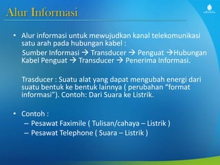 Alur Informasi
• Alur informasi untuk mewujudkan kanal telekomunikasi
satu arah pada hubungan kabel :
Sumber Informasi  Transducer  Penguat Hubungan
Kabel Penguat  Transducer  Penerima Informasi.
Trasducer : Suatu alat yang dapat mengubah energi dari
suatu bentuk ke bentuk lainnya ( perubahan “format
informasi”). Contoh: Dari Suara ke Listrik.
• Contoh :
– Pesawat Faximile ( Tulisan/cahaya – Listrik )
– Pesawat Telephone ( Suara – Listrik )
 