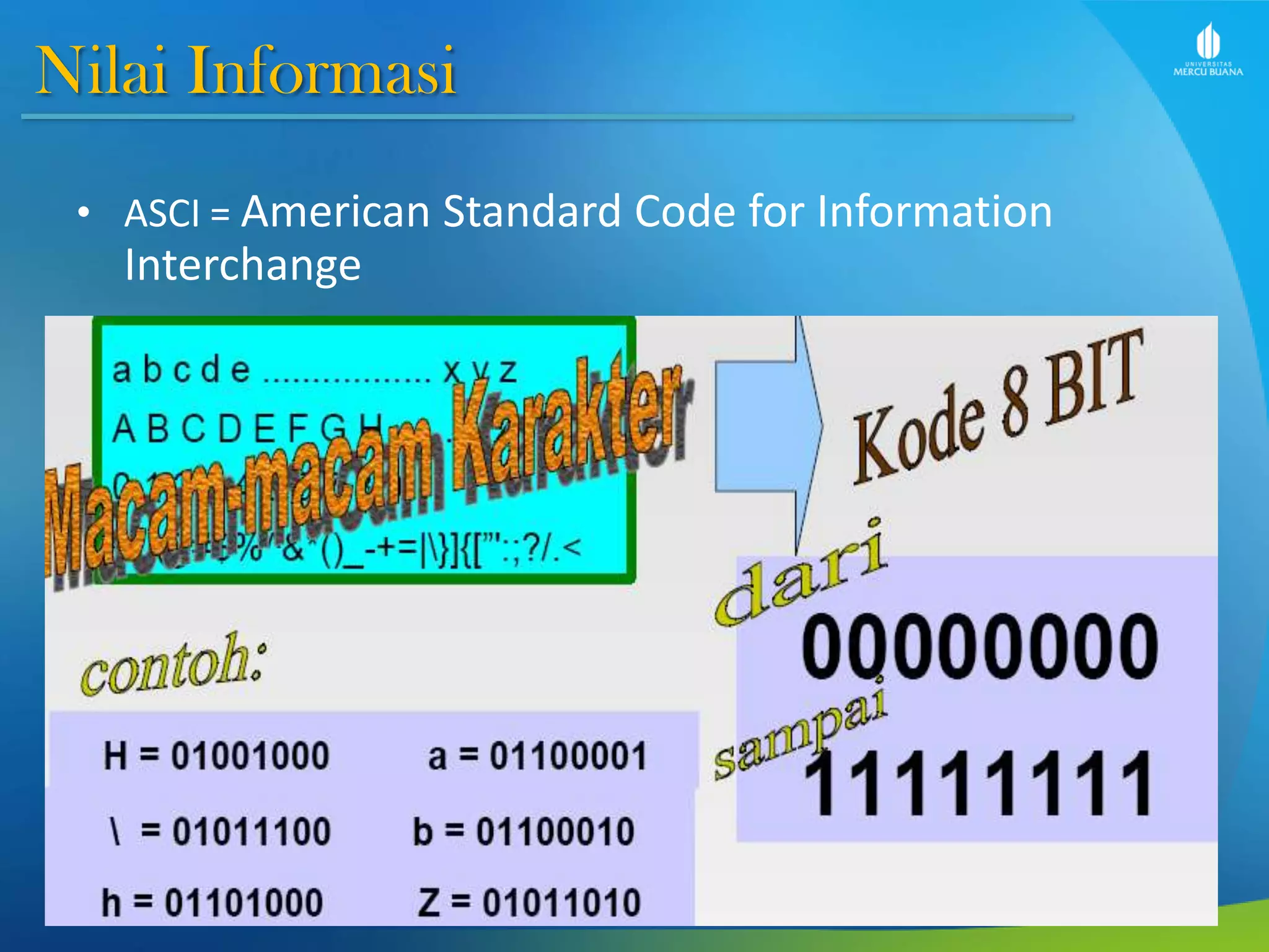 Nilai Informasi
• ASCI = American Standard Code for Information
Interchange
 