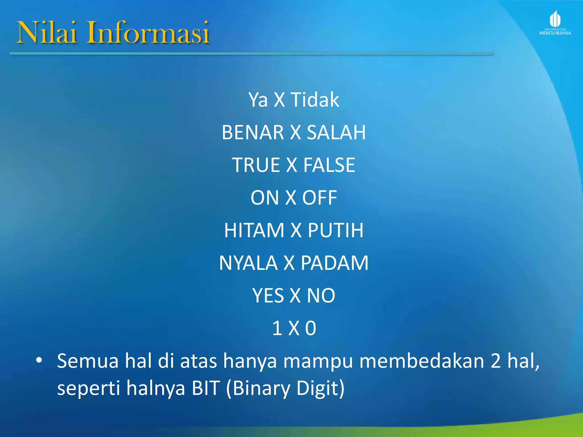 Nilai Informasi
Ya X Tidak
BENAR X SALAH
TRUE X FALSE
ON X OFF
HITAM X PUTIH
NYALA X PADAM
YES X NO
1 X 0
• Semua hal di atas hanya mampu membedakan 2 hal,
seperti halnya BIT (Binary Digit)
 
