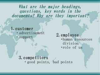 What are the major headings,
    questions, key words in the
documents? Why are they important?

1.customer
 ・advertisement
 ・support            2.employee
                       ・human resources
                        division
                       ・role of us

   3.competitors
     ・good points, bad points
 