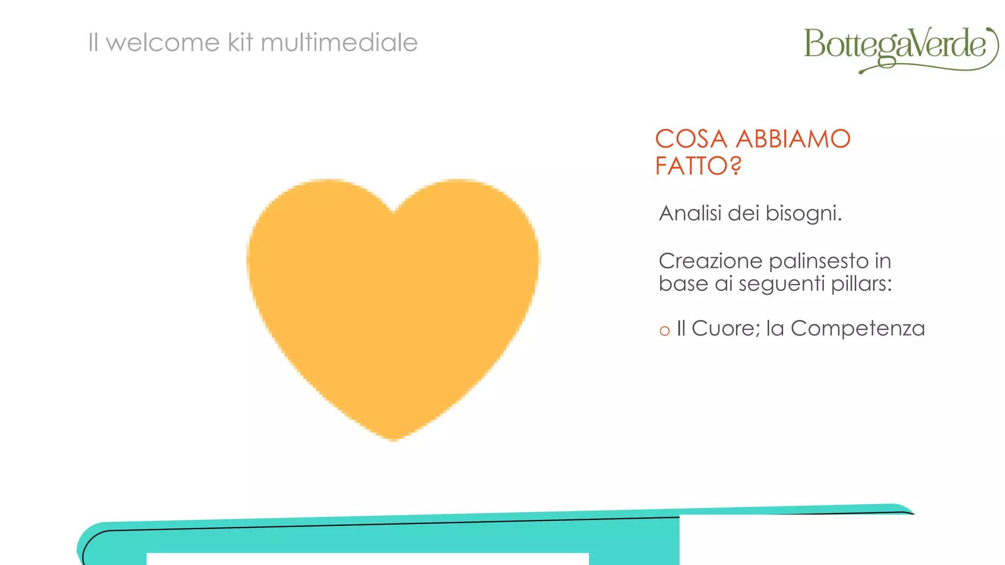COSA ABBIAMO
FATTO?
o Il Cuore; la Competenza
Analisi dei bisogni.
Creazione palinsesto in
base ai seguenti pillars:
Il welcome kit multimediale
 