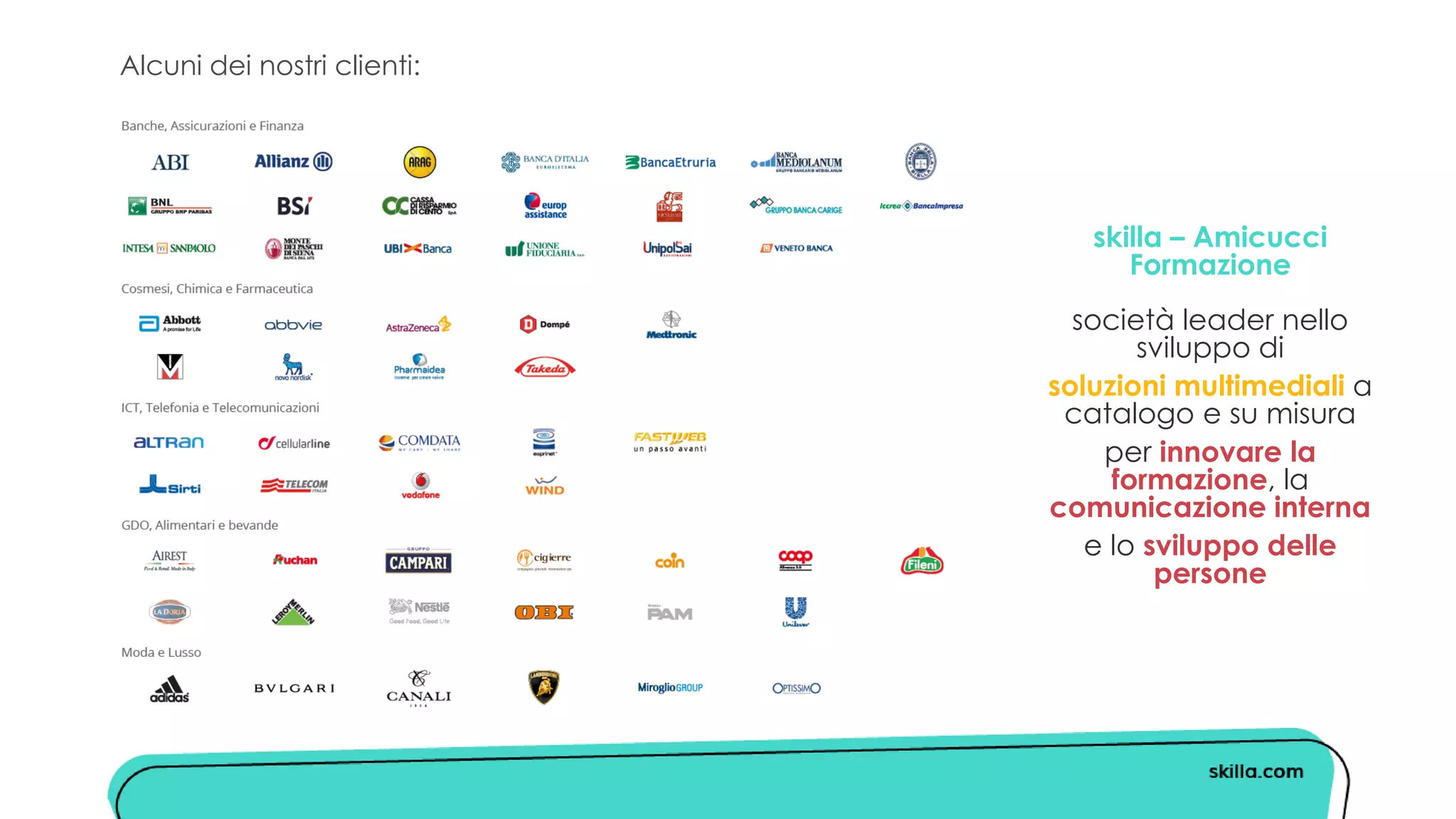 skilla – Amicucci
Formazione
società leader nello
sviluppo di
soluzioni multimediali a
catalogo e su misura
per innovare la
formazione, la
comunicazione interna
e lo sviluppo delle
persone
Alcuni dei nostri clienti:
 