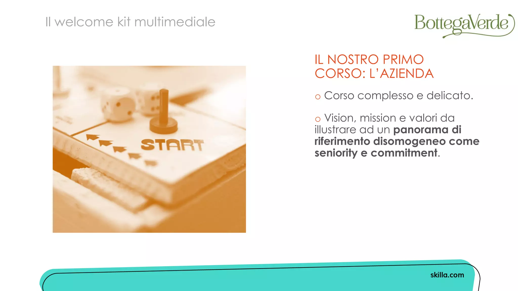 IL NOSTRO PRIMO
CORSO: L’AZIENDA
o Corso complesso e delicato.
o Vision, mission e valori da
illustrare ad un panorama di
riferimento disomogeneo come
seniority e commitment.
Il welcome kit multimediale
 